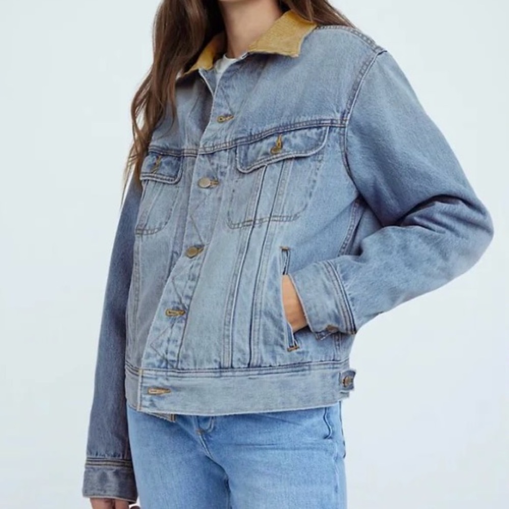 Denim Forum Light Blue Jean Jacket with Tan Corduroy Collar
